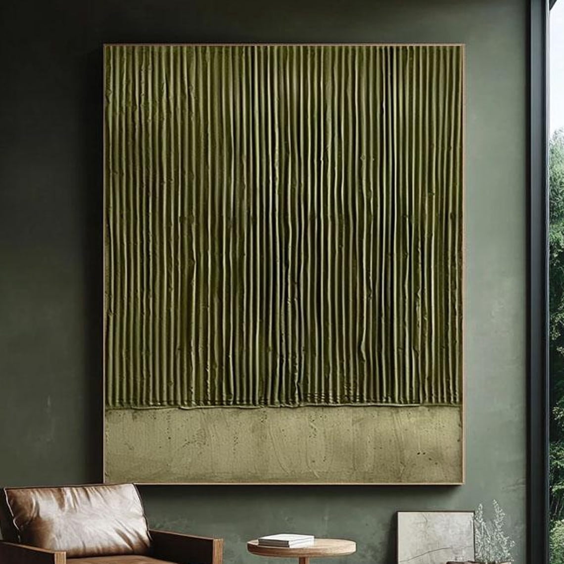 3D Texture Wall Art, Olive Green Texture Art, Vertical Line Art, Beige ... - D Textured Wall Art