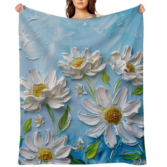 3D Texture White And Blue Daisy Floral 04 Soft Plush Flannel Throw Blanket, Warm Decorative Blanket for Sofa, Couch, Bed And Chair, Sweet Gift Choice for Everyone, 40x