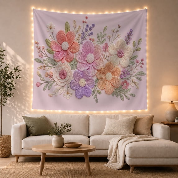 3D Textured Floral Bouquet in Pastel Hues on Lavender, Dreamy Boho Art for Flower Lovers, Botanical Wall Decor, Mother's Day Gift Tapestry Wall Hanging for Bedroom, Living Room and Dorm