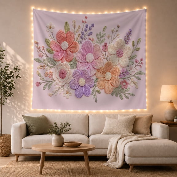 3D Textured Floral Bouquet in Pastel Hues on Lavender, Dreamy Boho Art for Flower Lovers, Botanical Wall Decor, Mother's Day Gift Tapestry Wall Hanging for Bedroom, Living Room and Dorm