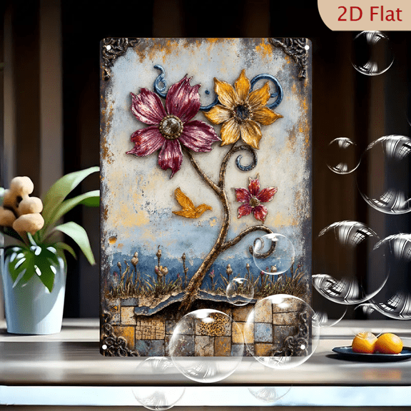 3D Textured Metal Wall Art, Rustic Floral Stem with Magenta Yellow Red Blooms, Vintage Mixed Media Painting on Canvas, 8x12 Inches, Decorative Home Accent