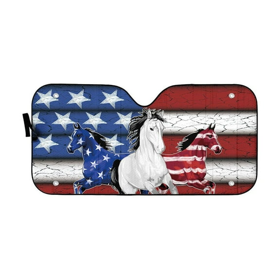 3D Three Horses American Flag Car Auto Sunshades Windshield Heat Protection, Horse Lover Sun Shades Univeral Fit Cars Suv Truck