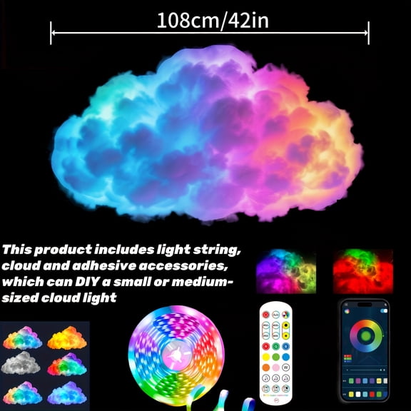 3D Thunder Cloud Night Light - Music Sync Smart RGB LED Strip, USB-Powered Wall/Ceiling Mount, Color-Changing Ambient Light for Bedroom/Gaming Room/Party Decor