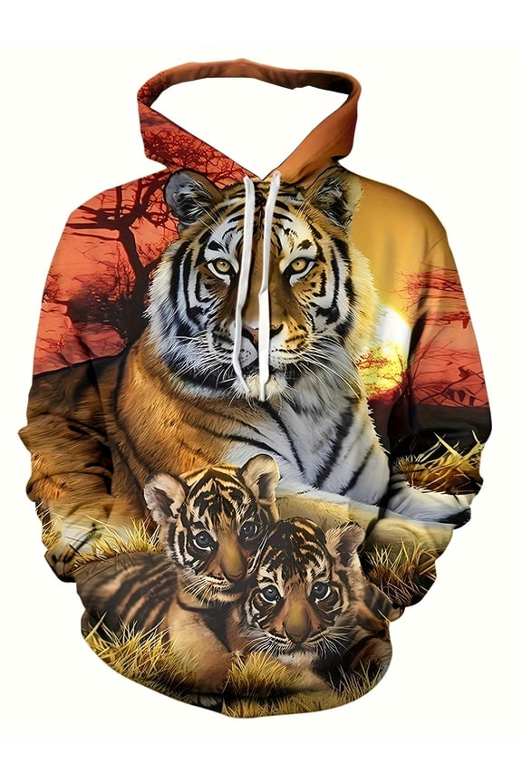 3D Tiger Print Hoodie for Men - Realistic Tiger Face and Jungle Sunset Design, Long Sleeve Casual Jacket with Drawstring Pockets, Long Sleeve Hoodie, Hooded Sweatshirt