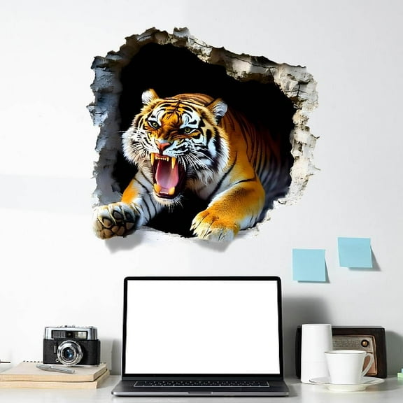 3D Tiger Wall Decals Wild Animal Wall Stickers Break Through The Walls Art Murals Peel and Stick Adhesive Sticker for Nursery Playroom Room Bedroom Living Room 70x60cm