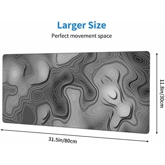 3D Topographic Map Mouse Pad Grey White Gaming Mouse Pad XL Desk Mat Large Desk Pad Non-Slip Rubber Base Keyboard Mouse Mat with Stitched Edges for Home Office Work