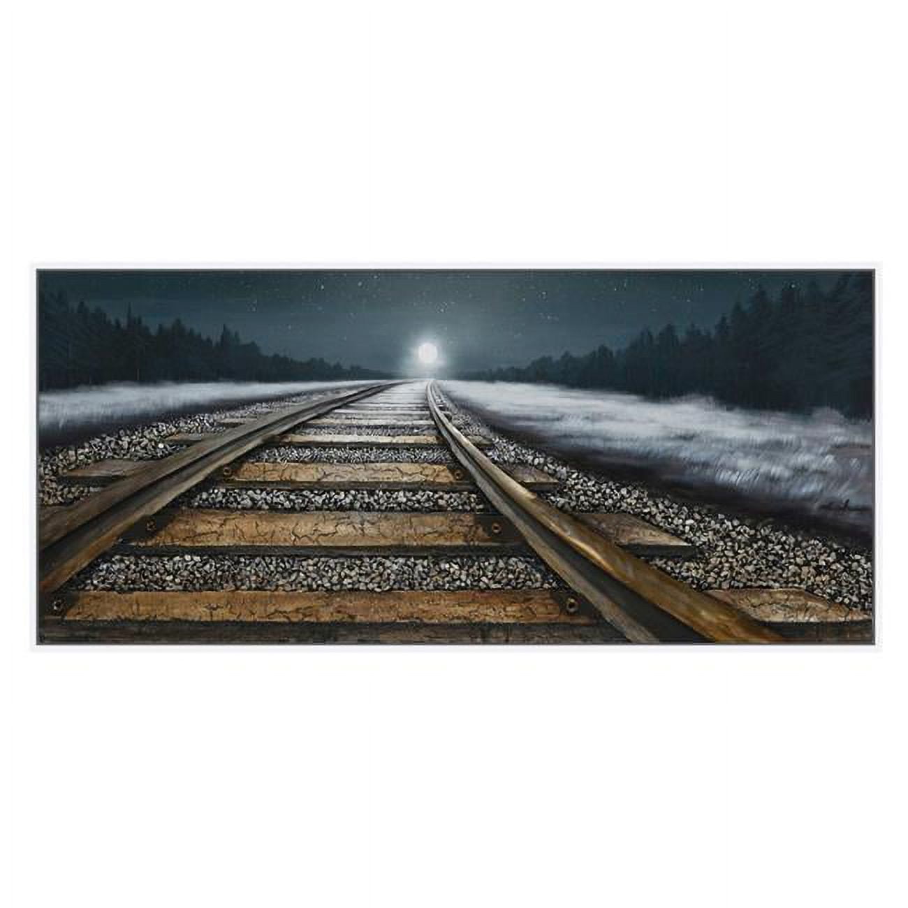 3D Train Tracks in the Moonlight Framed Oil Painting, Black