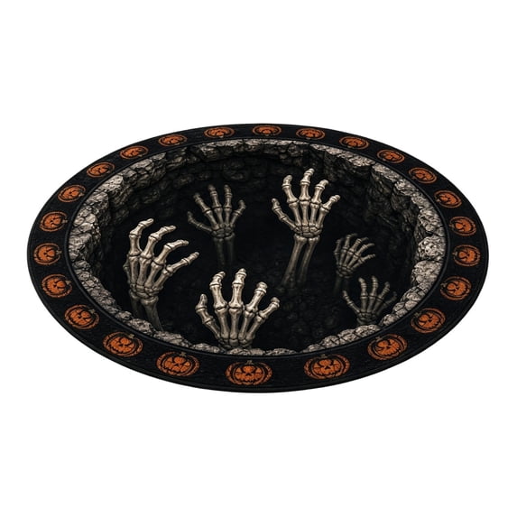 3D Trap Halloween Circular Carpet – Skeleton Mummy Web Depth Illusion Rug, Soft Polyester Floor Mat for Bedroom Entrance, Non Shedding Holiday Decor Foot Pad