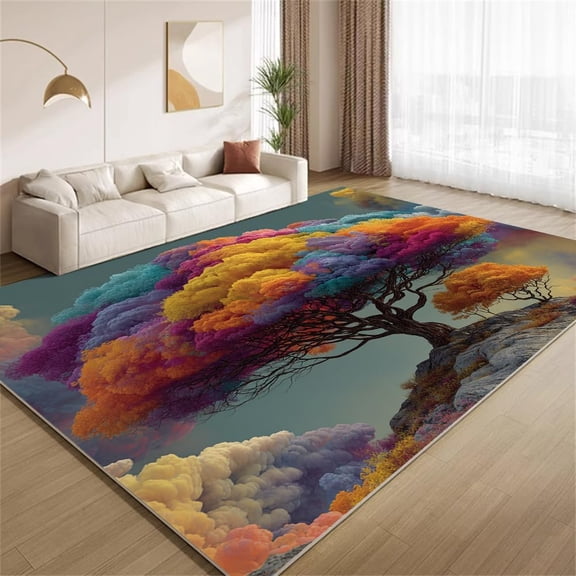 3D Tree of Life Area Rugs, Colorful Cloud Landscape Carpet, Washable Non Slip Low Pile Soft Rug for Living Room Bedroom Decor Mat 2x3ft