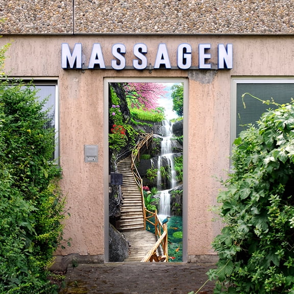 3D Trestle Bridge Waterfall Door Sticker Peel and Stick Self-Adhesive Door Murals Wallpaper - Waterproof Wall Decal,SP-F385,L(45x200cmx2Pcs)