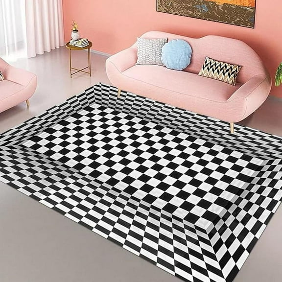 3D Trippy Rug Black And White Checkered Retro Area Rug For Living Room Bedroom Kitchen Dining Room Washable Soft Thick Home Office Floor Covers Carpet Indoor No-Slip Runner Rug 3 x 5ft