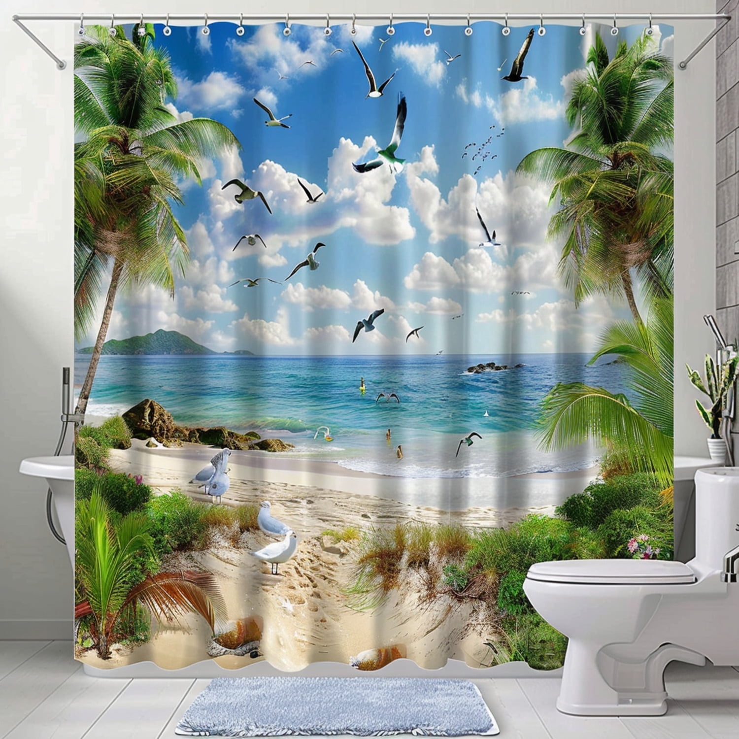3D Tropical Beach Bathroom Set with Palm Tree Design Ocean Path Shower ...
