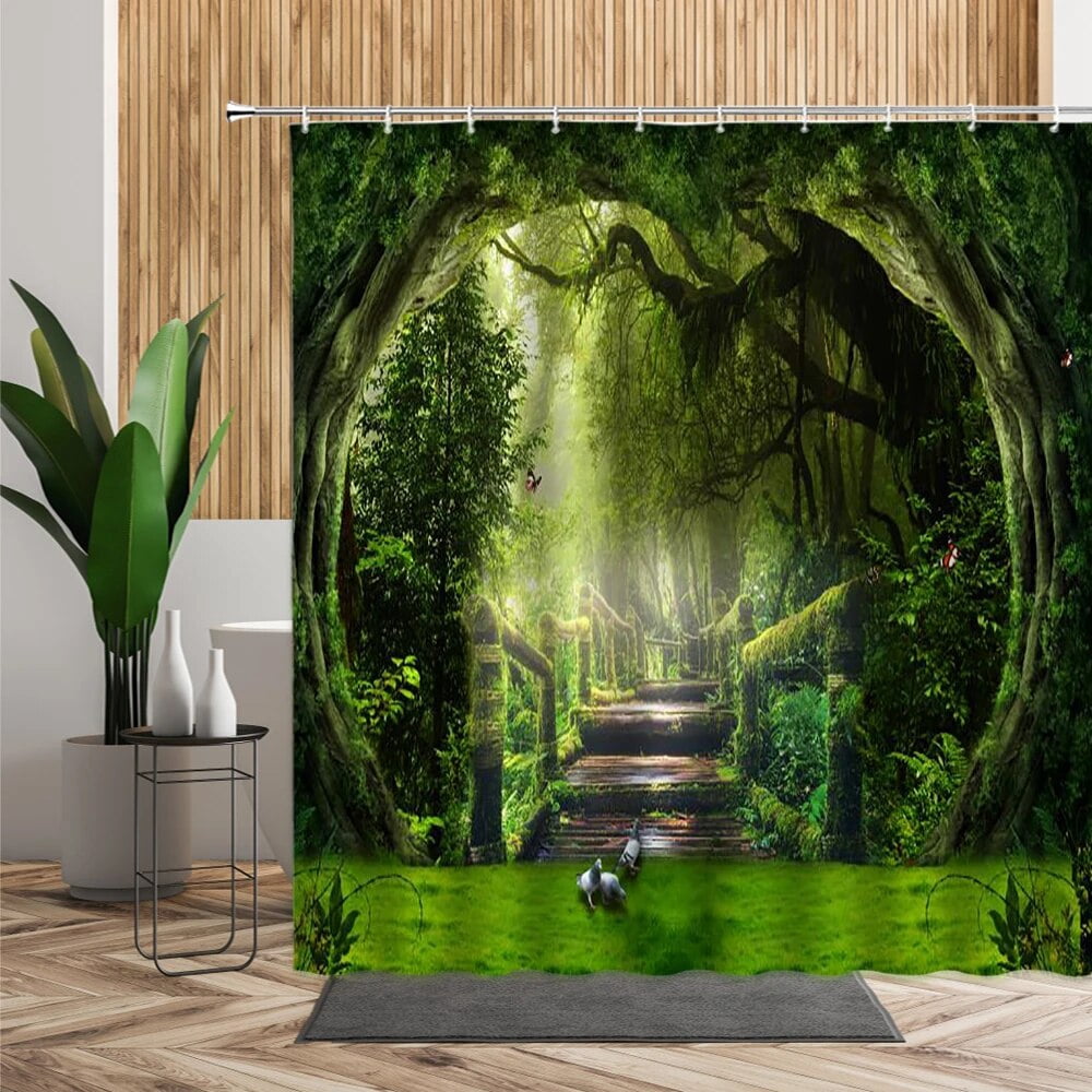 3D Tropical Forest Natural Scenery Shower Curtain Green Trees Moss Deep ...