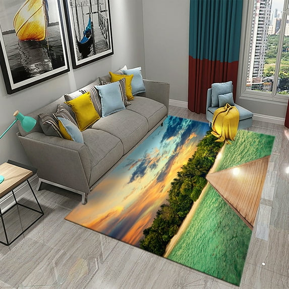 3D Tropical Island Ocean Beach Print Carpet for Kitchen Bathroom Living Room Bedroom Non-slip Absorbent Modern Home r Carpet