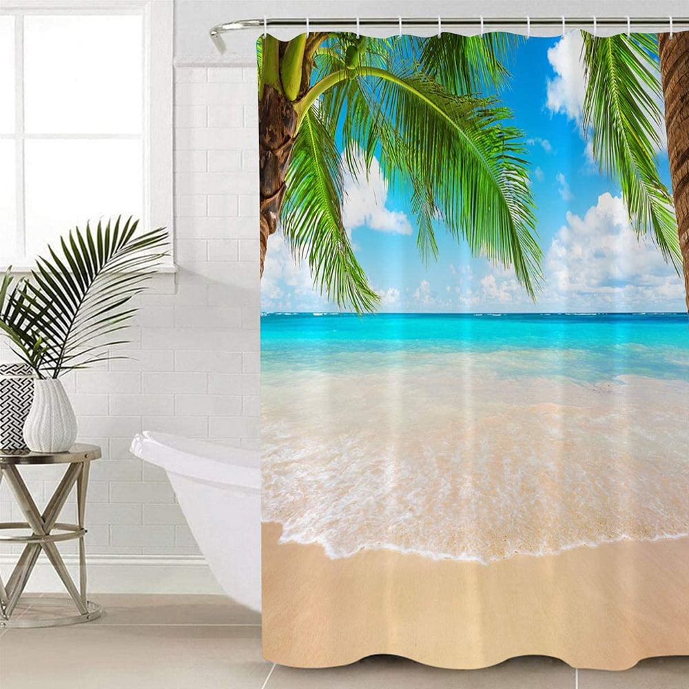 3D Tropical Ocean Shower Curtain With 12pcs Hook, Palms Starfish