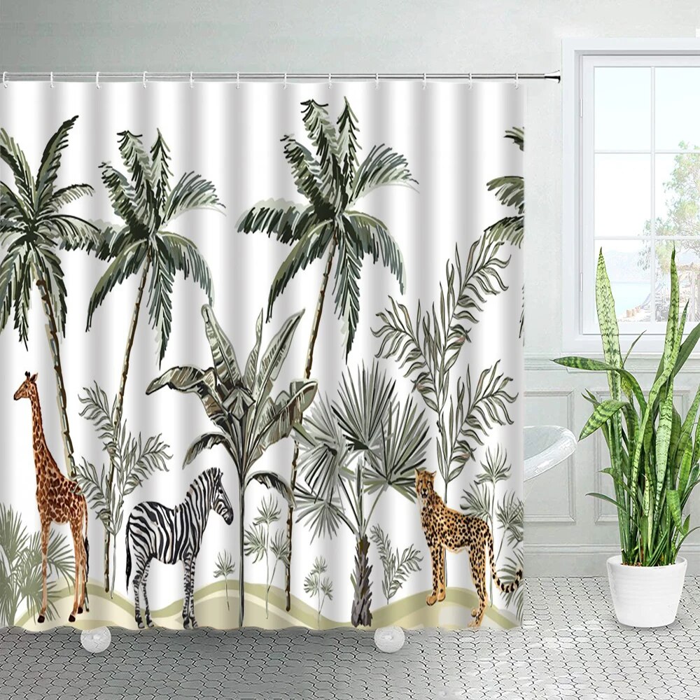 3D Tropical Plants Leopard Shower Curtains Wild Animals Green Leaves