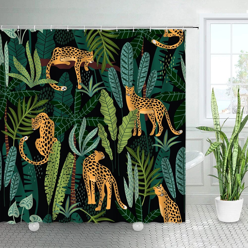 3D Tropical Plants Leopard Shower Curtains Wild Animals Green Leaves