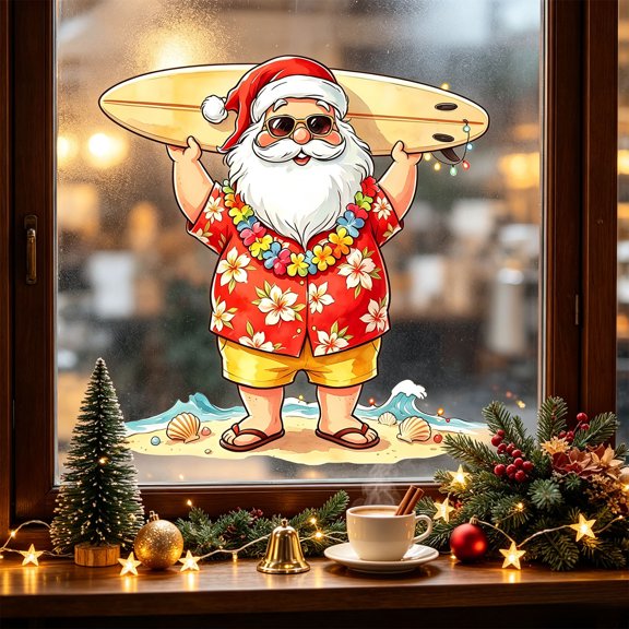 3D Tropical Summer Santa Window Clings Decorative Reusable Sticker Set For Glass Home Decor PVC 11.42 Inch A,B