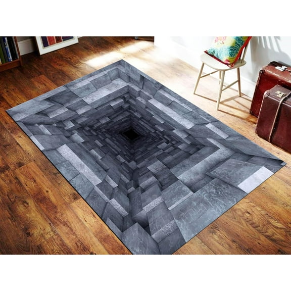 3D Tunnel Gray Stone Area Rug for Bedroom,Optical Illusion Vortex Non Slip Machine Wash Area Rug, Affordable Carpet for Living Room, Nursery, Children's Room 3x4ft