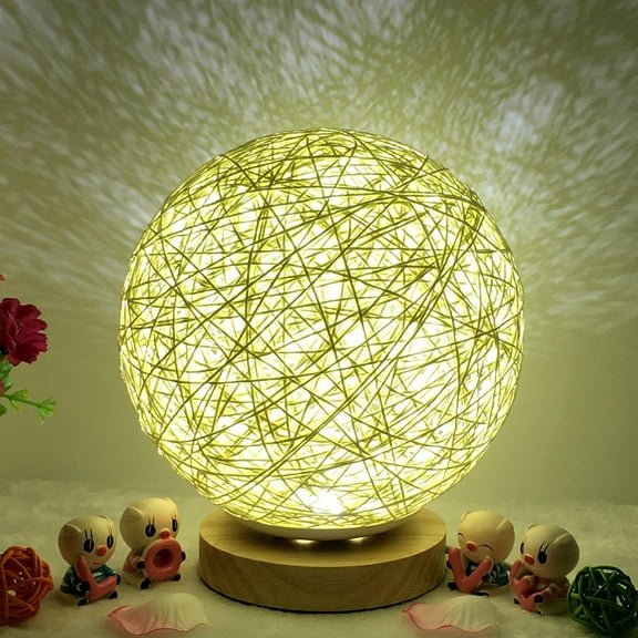 3D USB Charging LED Rattan Night Lamp with 8 Color Changing Mood Light, Wood Base for Home Office Desk Decor, USB Powered Table Light, 15cm Sphere