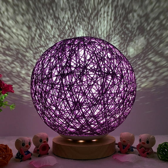 3D USB Charging LED Rattan Night Light Table Lamp | 8 Color Changing Mood Light with Wooden Base | Bedroom & Office Decor | 15x15x15cm Sphere