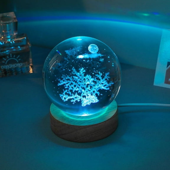 3D USB Crystal Ball Marine Animals Crystal Ball Lamp Night light Wooden Base Gift for Teens Coral