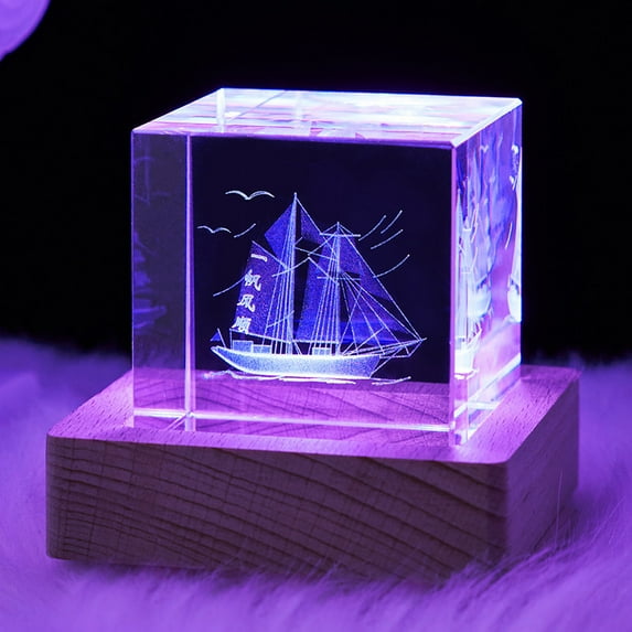3D USB Crystal Cube Night Light for Home Table Lamp Carved Luminous Wooden Base Marine Ornament Color