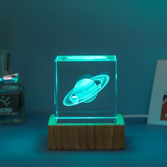 3D USB Crystal Cube Night Light for Home Table Lamp Carved Luminous Wooden Base Marine Ornament Color