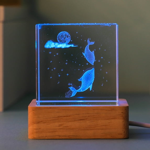 3D USB Ocean Series Crystal Cube Night Light for Home Table Lamp Carved Luminous Wooden Base Color