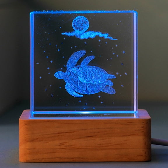 3D USB Ocean Series Crystal Cube Night Light for Home Table Lamp Carved Luminous Wooden Base Color