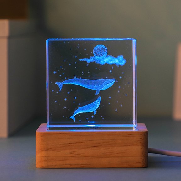 3D USB Ocean Series Crystal Cube Night Light for Home Table Lamp Carved Luminous Wooden Base Color