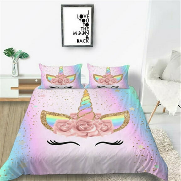 3D Unicorn Print Bedding Set Child Girl Duvet Cover Set Quilt Cover & Pillowcase Bed Cover Gift,Queen (90"x90")