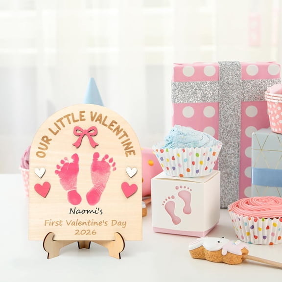 3D Valentine Footprint or Handprint Art Sign Craft, Pink Bow DIY Wooden Hanging Decoration, Keepsake Gift for Valentine's Day Photo Prop Decor