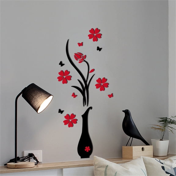 3D Vase & Floral Acrylic Wall Decals, Decals, Self Art, Ideal For Bedroom Living Room Wedding House Walls Glass Ceramic Tiles