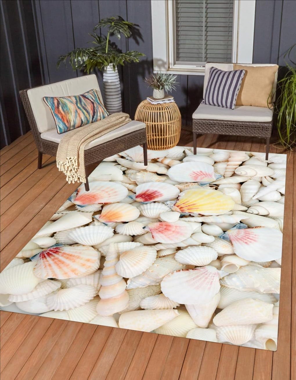 3D Vibrant White Shells Print Waterproof Area Rug For Deck Porch ...