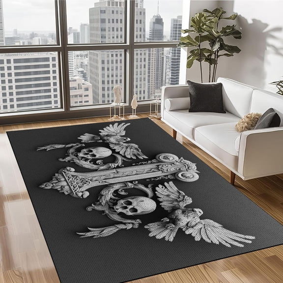 3D Viking Skull and Raven Pattern Area Rug, Vikings Black and White Area Rug, Indoor Outdoor Home Decor Carpet - Bedroom Living Room Office Playroom Non-Slip Mat