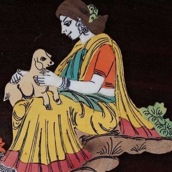 NATRIEL Lady With Goat 3D Wall Decor, Wooden Panel with Metal Inlay Art, Dark Brown Finish, 11.81x9.05 Inches, Hindu Religious Theme (Lady With Goat)