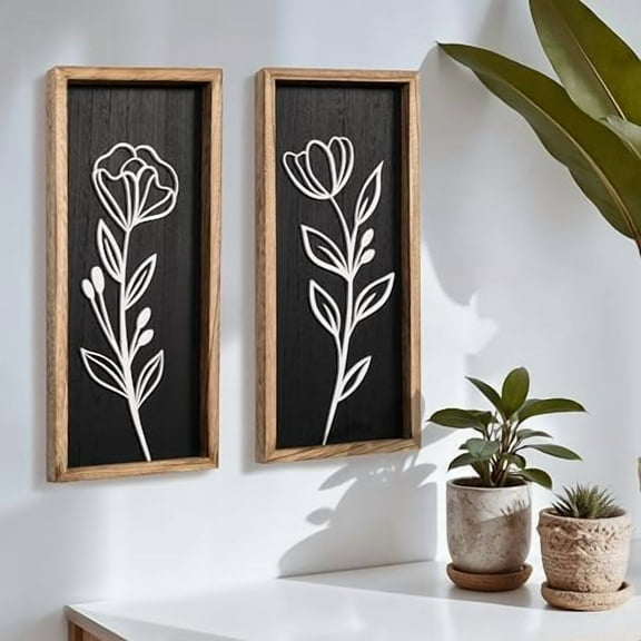 3D Vintage Black Living Room Decor (Set of 2) Lightweight, Wooden Ready-to-Hang Framed Moody Floral Wall Art for Bathroom, Bedroom or Office - Dark Textured Boho Farmhouse Wall Decor - Gift-Boxed