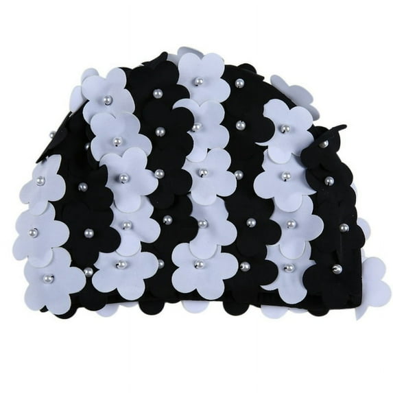 3D Vintage Floral Ladies Swim Cap, Women's Petal Retro Swimming Hat Flower Bathing Cap for Long/Short Hair, Black+White