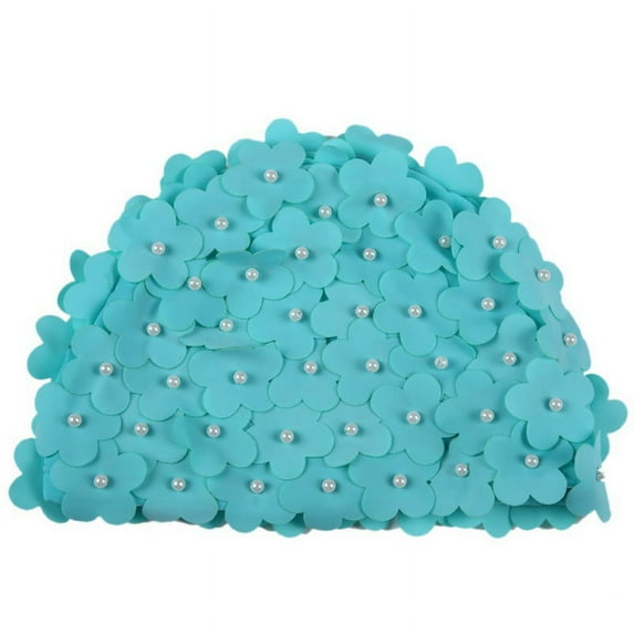 3D Vintage Floral Ladies Swim Cap, Women's Petal Retro Swimming Hat Flower Bathing Cap for Long/Short Hair, Light Blue