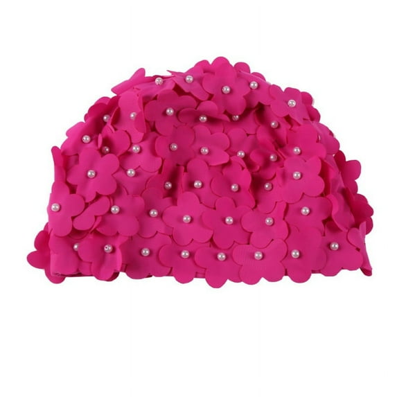 3D Vintage Floral Ladies Swim Cap, Women's Petal Retro Swimming Hat Flower Bathing Cap for Long/Short Hair, Rose Red