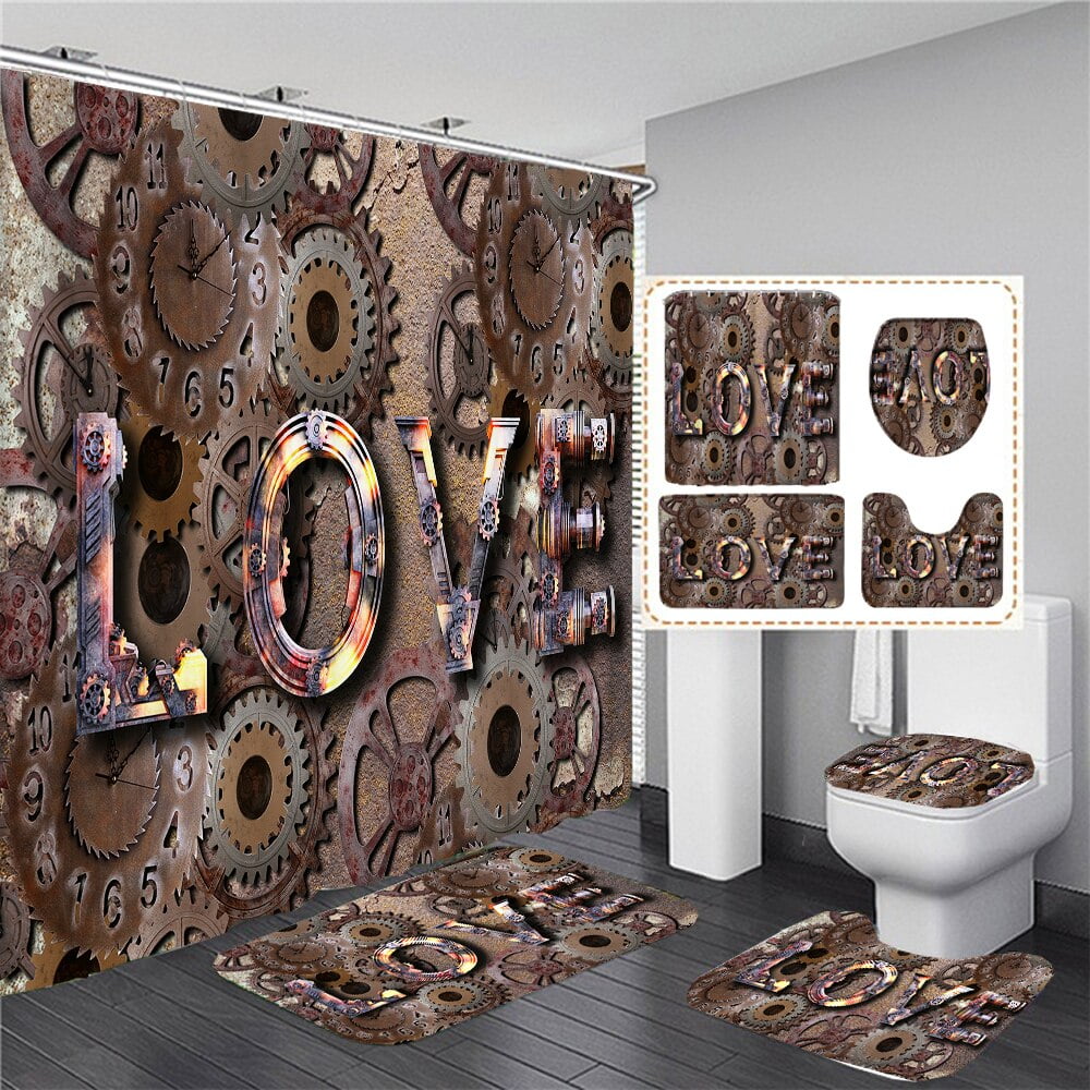 3D Vintage Steampunk Clocks and Gears Bathroom Shower Curtain Set Gothic Industrial Bath Mats
