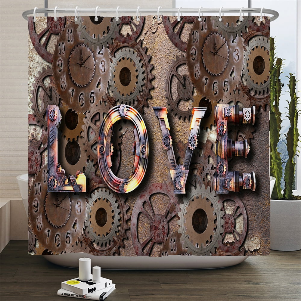 3D Vintage Steampunk Clocks and Gears Bathroom Shower Curtain Set Gothic Industrial Bath Mats