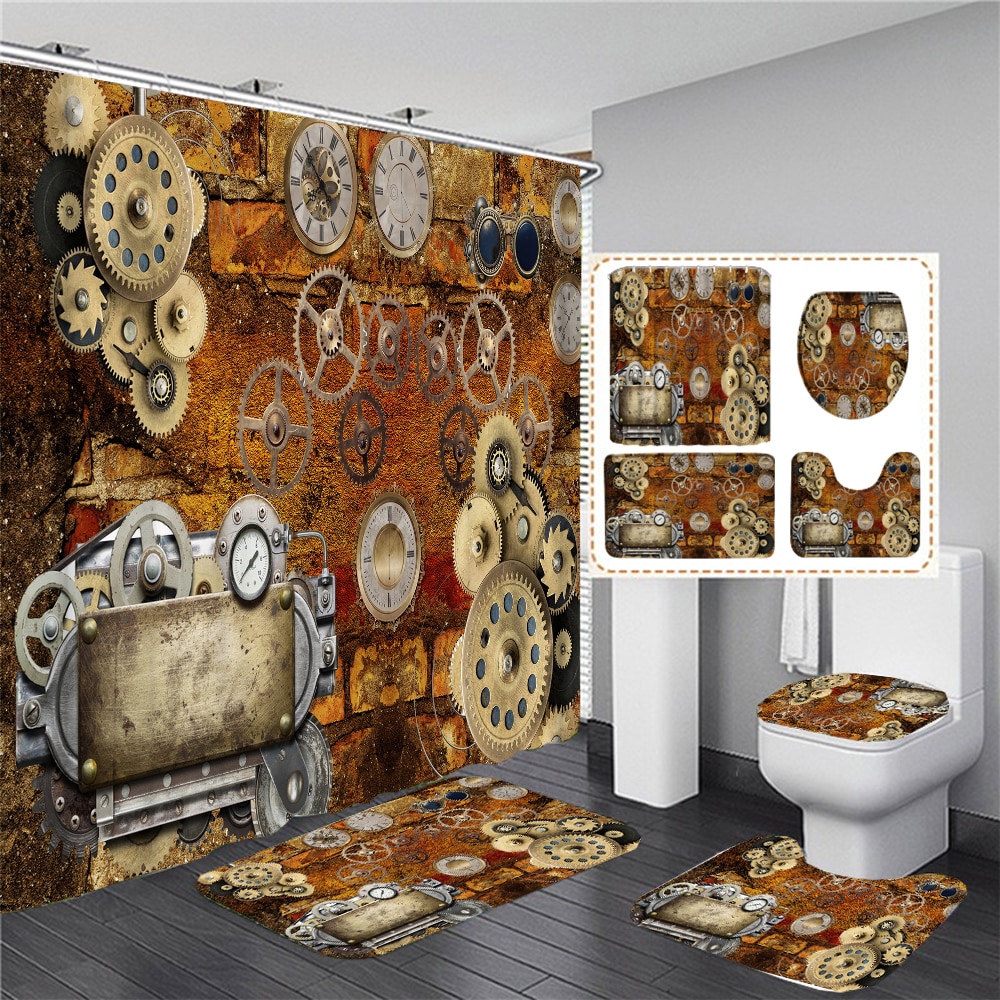 3D Vintage Steampunk Clocks and Gears Bathroom Shower Curtain Set Gothic Industrial Bath Mats