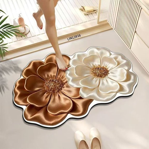 3D Vision Diatom Mud Floor Mat - Elegant Floral Oil Painting Design for Bathroom and Entrance