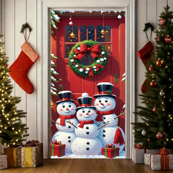 3D Visual Christmas Door Curtain, Holiday Door Cover for Home Decor Party, Winter Seasonal Banner for Front Porch, Reusable Xmas Hanging for New Year, 35x78 inches