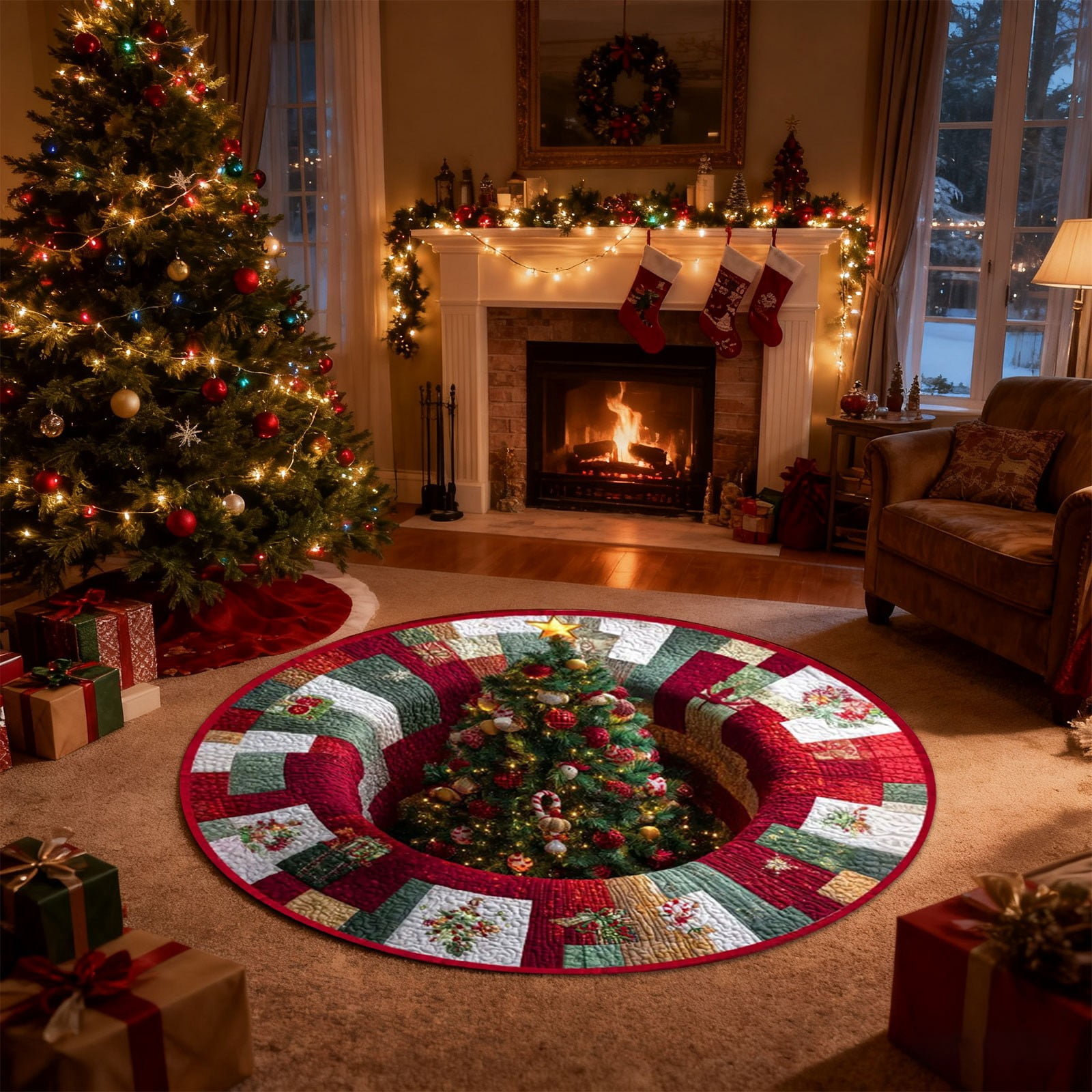 Xmas Tree Rug 3D Visual Christmas Themed Tree Skirt Rug Stereo Tree Hole Christmas ...