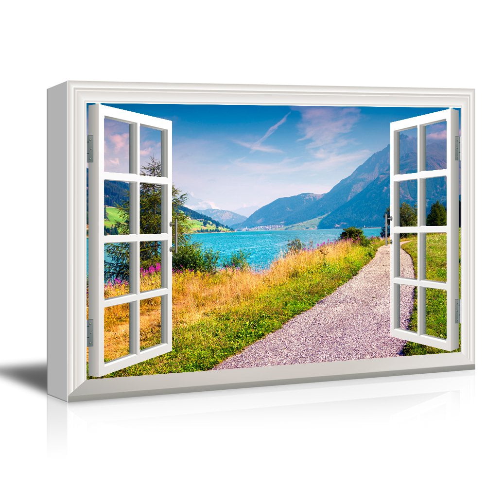 3D Visual Effect View Through Window Frame A Lane by the Lake in the ...