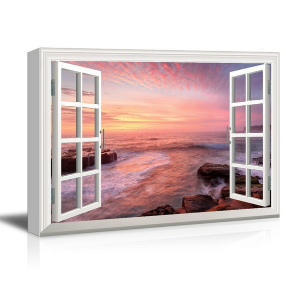 3D Visual Effect View Through Window Frame Coastal Area with Huge Rocks at Sunset Gallery 16x24 inches
