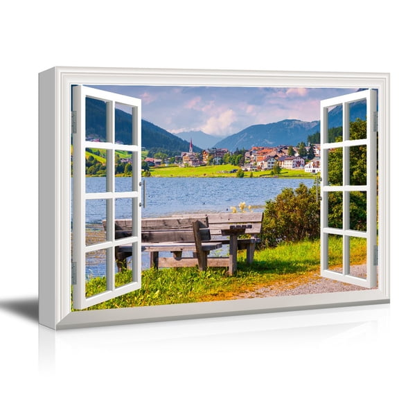 3D Visual Effect View Through Window Frame European Style Town by the Lake in the Mountain Gallery 12x18 inches
